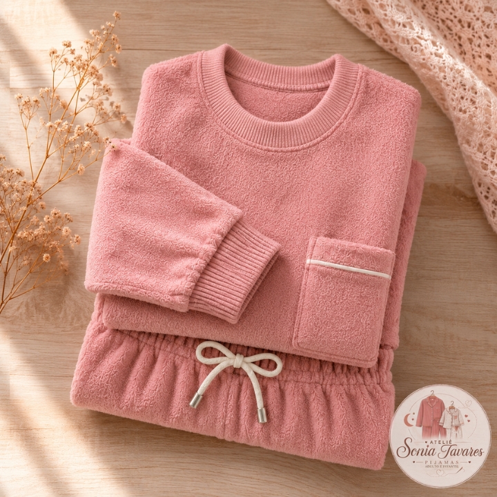 Detalhe do punho em ribana em pijama feminino de fleece